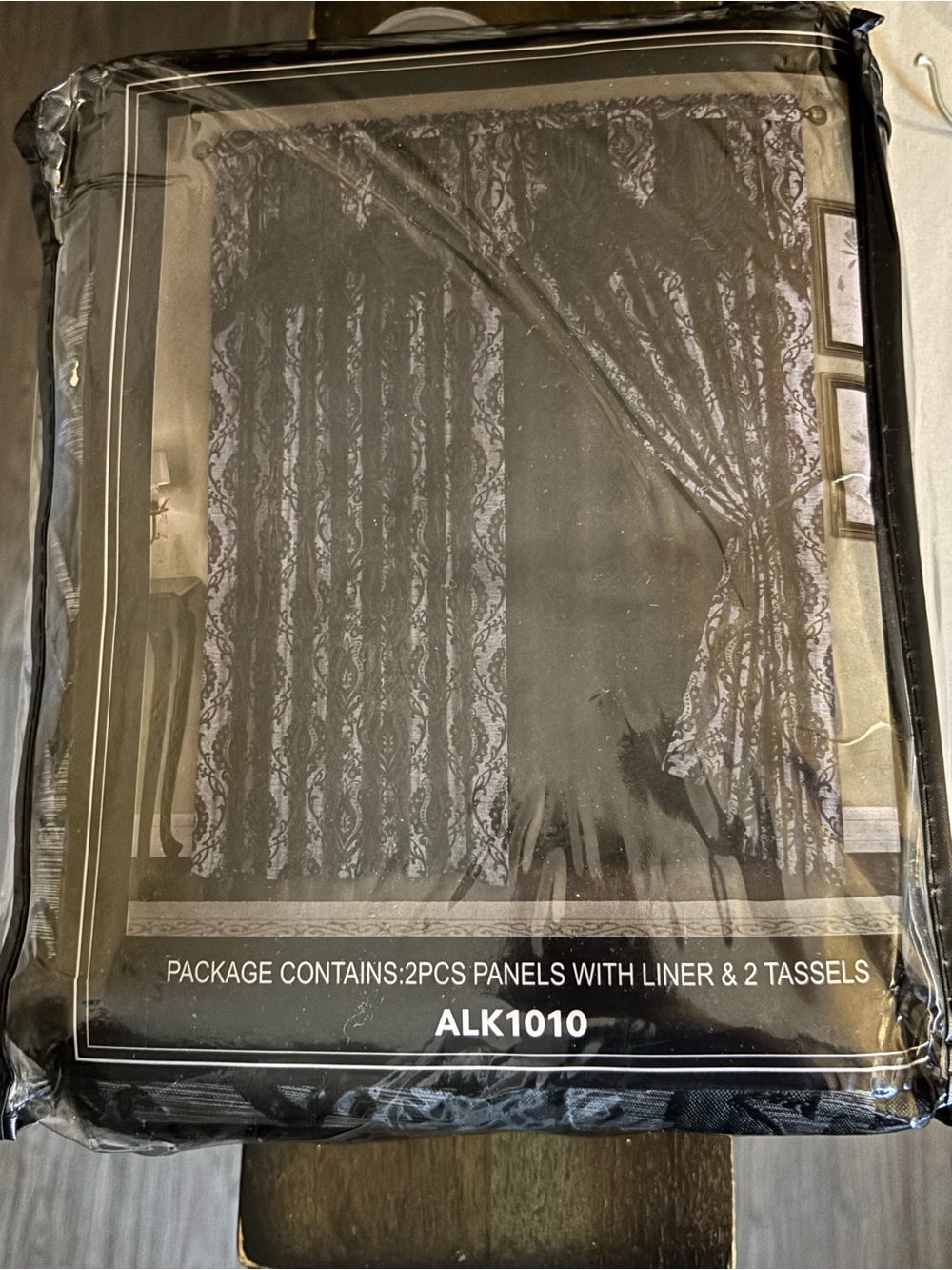 2-Pack Black Lace Window Panels with Liner and Tassels